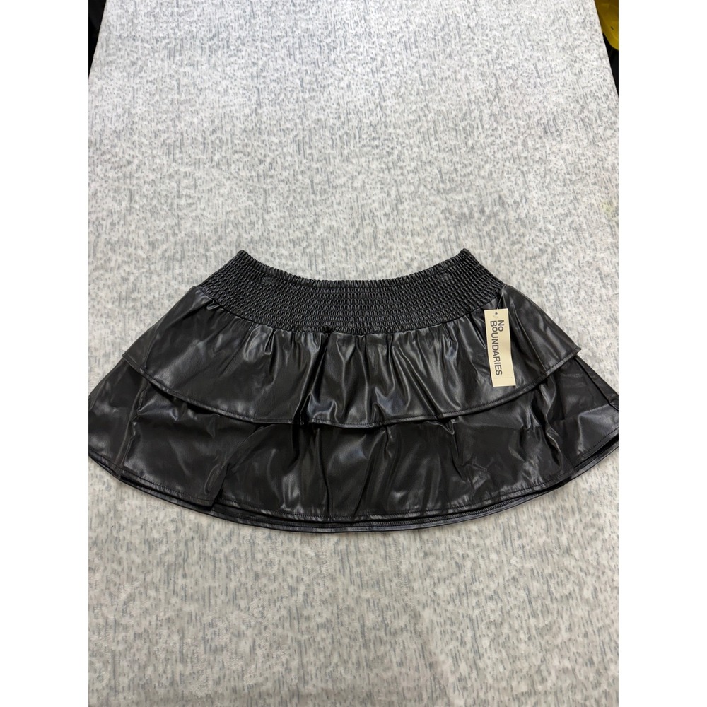 No Boundaries Black Faux Leather Smocked Tiered Mini Skirt Size L 12-14 NEW